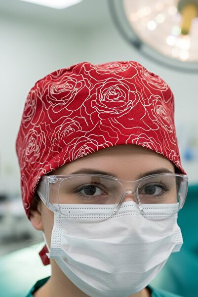 Lion Üniforma Rose Red Desenli Cerrahi Bone Unisex – Likralı Doktor Hemşire B...