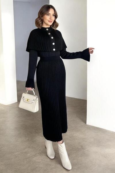 ARFANO Kadın Piliseli Triko Elbise Pelerinli Çıkarılabilir Yaka Standart bede...