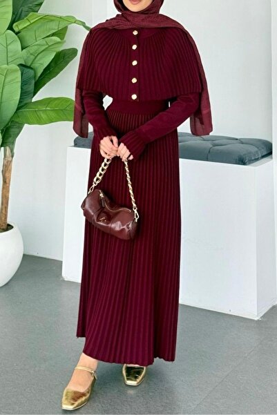 miratriko Pelerin Detaylı Piliseli Uzun Triko Tesettür Elbise