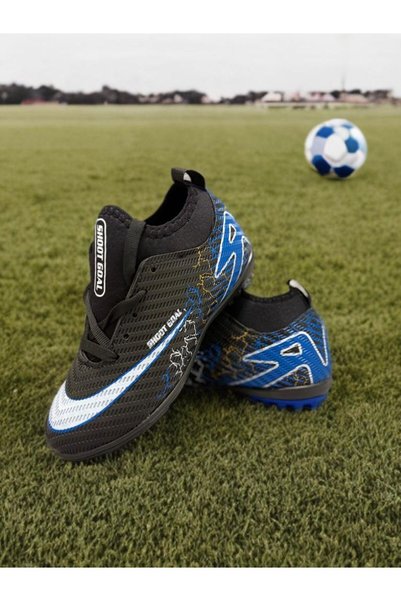 sinmm Crampon Carpet Field Boys' Flat Football Shoes Black-Blue Color