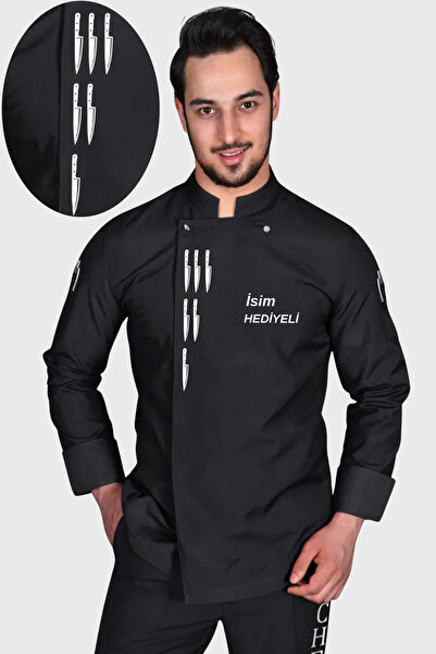 Üniformanya İsim ve Bıçak Nakışı Hediyeli Siyah Aşçı Ceketi Kişiye Özel Şef Ceketi Aşçı Gömleği Aşçı Kıyafeti