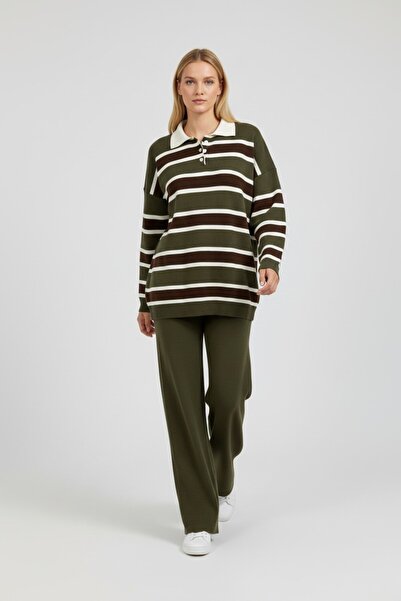 Molly Nelly Γυναικείο Ριγέ Πλεκτό Σετ Πόλο με Γιακά και Παντελόνι