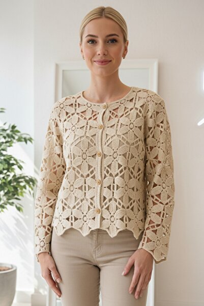 Chiccy Beige Round Neck Long Sleeve Buttoned Lace Casual Openwork Knitwear Jacket 65 55