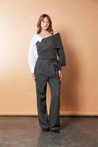 esilamoda Kadın Gri Gömlek Detay Kazak