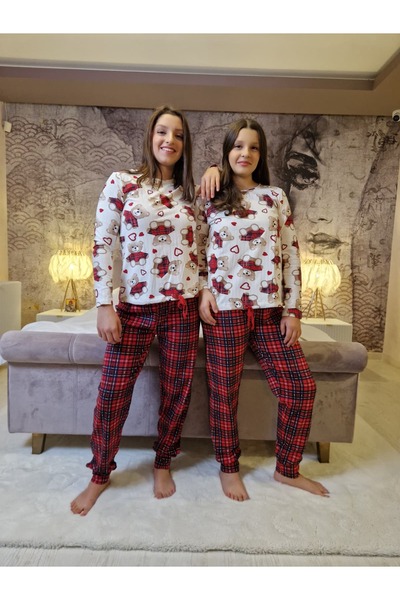 Divin store Women's pajama set with teddy bears and plaids made of plush cotton