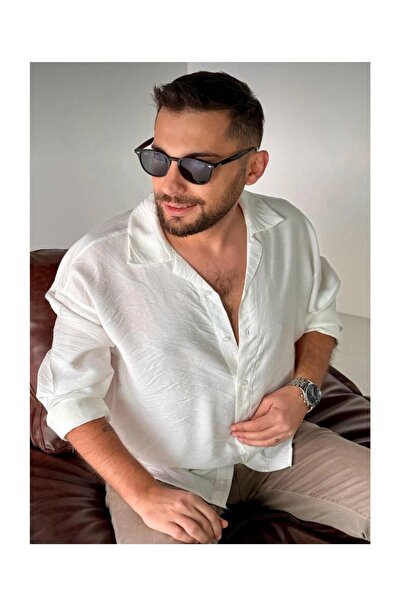 miremiran Keten dokulu 4 mevsimlik salaş spor yaka gömlek KIRIK BEYAZ