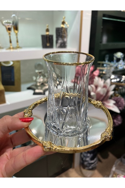 P&ORA PREMIUM KITCHEN PRODUCTS GOLD DETAYLI METAL TABAKLI ZEO BARDAKLI 6 KİŞİ...