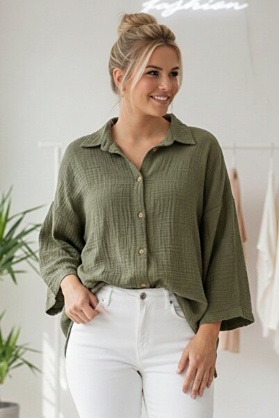 Chiccy Khaki Shirt Collar Long Sleeve Buttoned Casual Muslin Woven Shirt 75 65