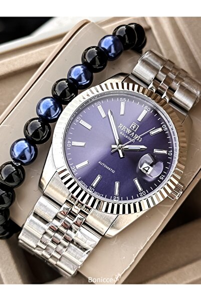 Reward Automatic (Without Battery) Calendar Active, Navy Blue - Silver Color, Guaranteed Full Steel Men's Wristwatch Bracelet