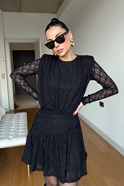 Seda Yalçın Atelier Siyah Güpürli Midi Tasarım Elbise