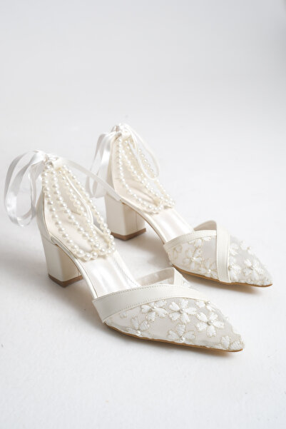 FOLLOWIN Pantofi de mireasă cu toc gros brodat cu dantelă perlă - 6 cm