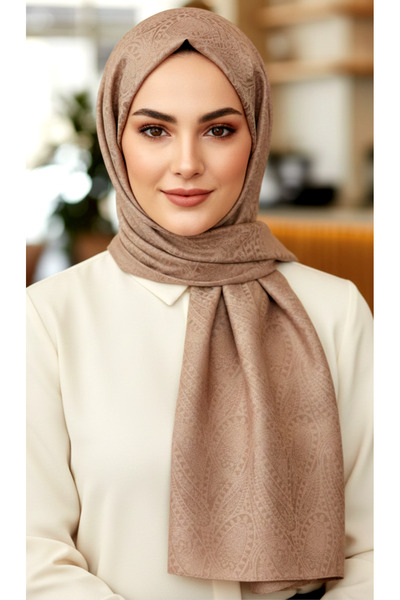 My Scialle Etnik Desen Pamuklu Jakarlı Şal Koyu Vizon