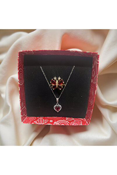 stainless steell Kırmızı Zirkon Taşlı Kapli Kolye ve Kelebekli Yüzük