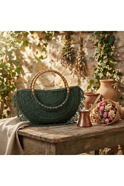 YASMİNEL Tassel Detailed Bag Emerald Green Half Moon Shaped Wooden Handle
