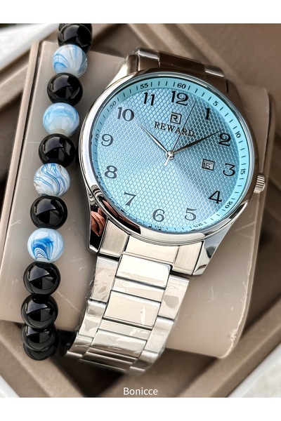 Reward ساعة يد رجالية بسوار فضي من الفولاذ مع قرص أزرق وتقويم + سوار