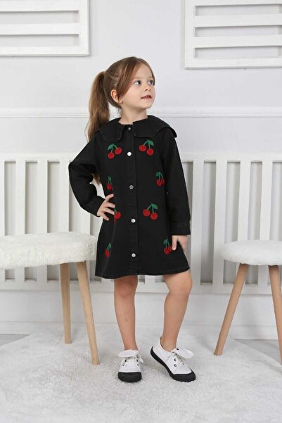CANAN ÇAKMAK Kız Çocuk Kiraz İşlemeli Siyah Elbise