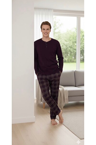 İpek طقم بيجامة رجالي بأكمام طويلة مصنوع من القطن بنسبة 100%