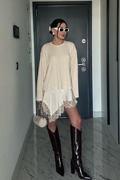 Seda Yalçın Atelier Bej Dantel Detaylı Saten Triko Bluz-Elbise