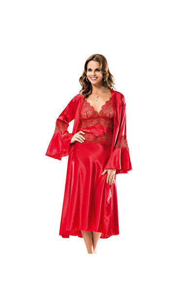 MOONGIRL Kırmızı Saten Uzun Gecelik Takım
