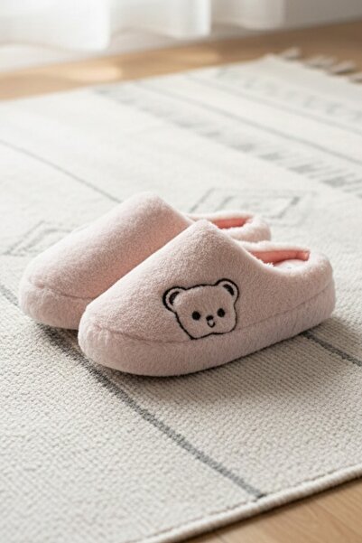 Moda Frato Fluffy Teddy Bear Patterned Women's Home Slippers Winter Wool Slippers Soundproof Casual Comfortable Slippers with Wool Inside