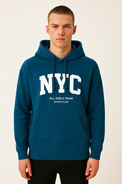 MARKATEM Hooded Kangaroo Pocket 3-Thread Cotton New York Cty Print Sweatshirt