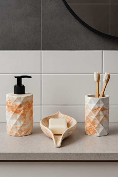 Zigzag Home Decorative 3 Piece Diamond Model Marble Pattern Bathroom Set Liquid Soap Dispenser Solid Soap Holder Toothbrush Holder Set