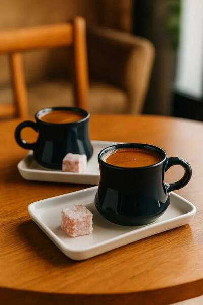 Zumiya طقم فناجين قهوة تركية من السيراميك الأسود مع صحون تقديم لـ 6 أشخاص