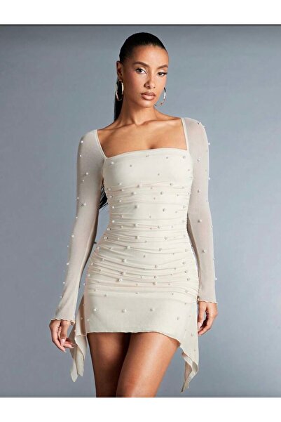 eclatant boutuqie Kadın Ekru Drapeli İnci Detaylı Mini Abiye Elbise – Uzun Ko...