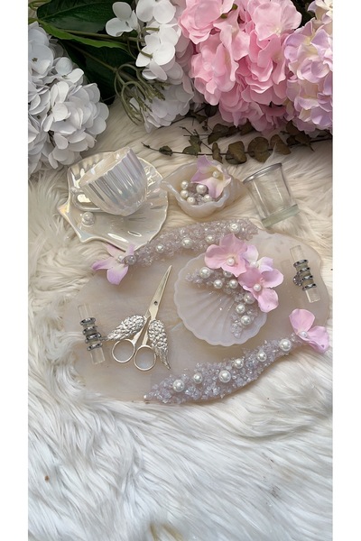 RESİNARTSHOP Epoksi Tepsi Lila Orkideli Damat+Nişan Tepsi Seti