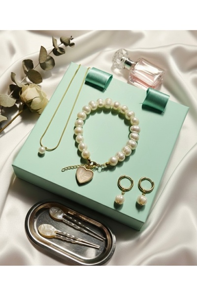 AERAS DESİNG Zarif İnci Takı Seti Kolye, Bileklik, Küpe Hediye Kutulu
