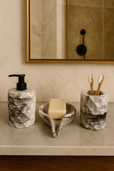 Zigzag Home Decorative 3 Piece Diamond Model Marble Pattern Bathroom Set Liquid Soap Dispenser Solid Soap Holder Toothbrush Holder Set