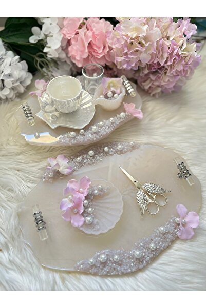 RESİNARTSHOP Epoksi Tepsi Lila Orkideli Tepsi Seti