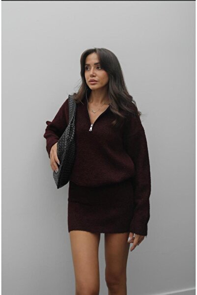 FMN Moda tricotaje tricotat fustă mini cu fermoar guler ridicat modele marca Pinterest echivalent jachetă pulover set