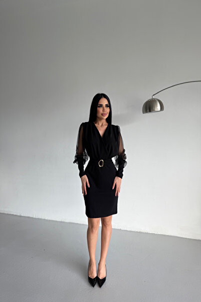 LİLA İSTANBUL Double-Breasted Black Dress with Neckline Belt and Tulle Sleeves