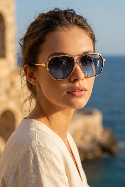 Kapin Oldia Metal Tasarım Büyük Güneş Gözlüğü - Altın Mavi