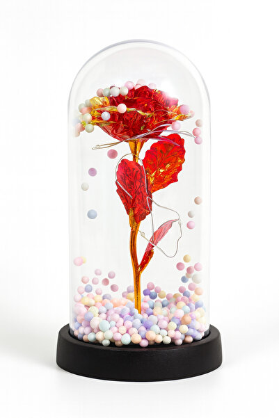 OEM Cupolă decorativă cu trandafir acrilic roșu, bile pastelate și lumini LED, 22x11 cm