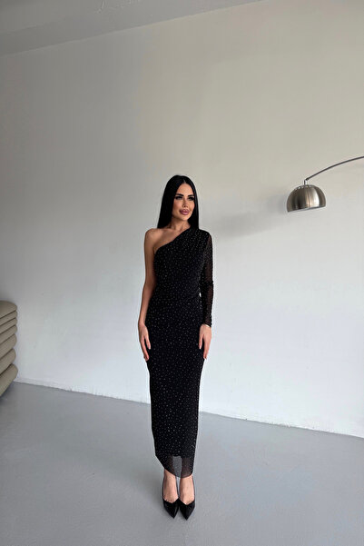LİLA İSTANBUL One Shoulder Stone Embroidered Special Design Black Dress