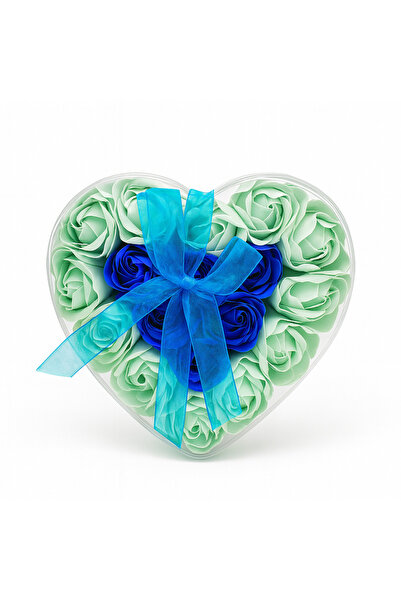 OEM Heart with 18 Blue and Mint Soap Roses, Transparent Box, Premium Gift