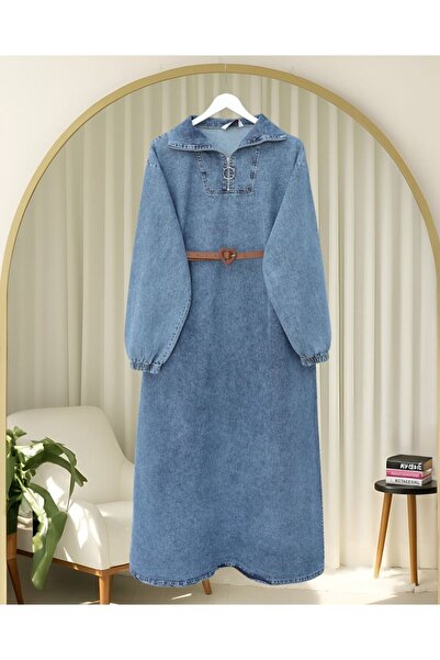 COjans Yarım Boğazlı Fermuarlı Cepli Kot Elbise -Buz Mavi