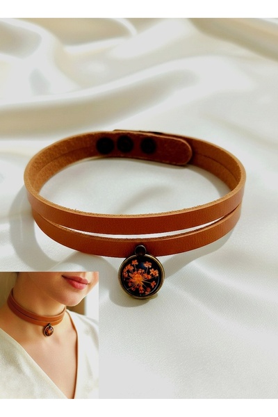 LADYMİRAGE قلادة من الجلد الطبيعي على شكل زهرة