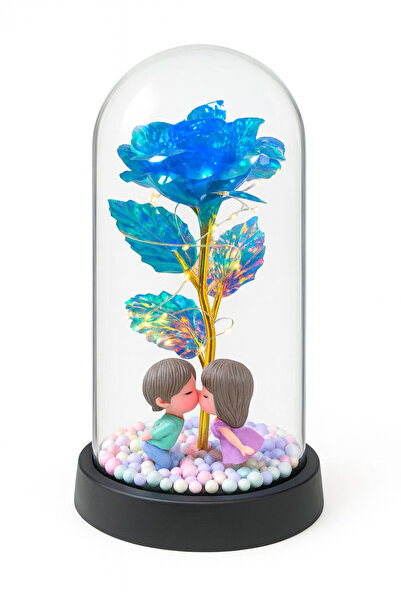 OEM Eternal Blue Rose in Plastic Dome 20 cm LED Lights – Lovers Figurines Gift Box
