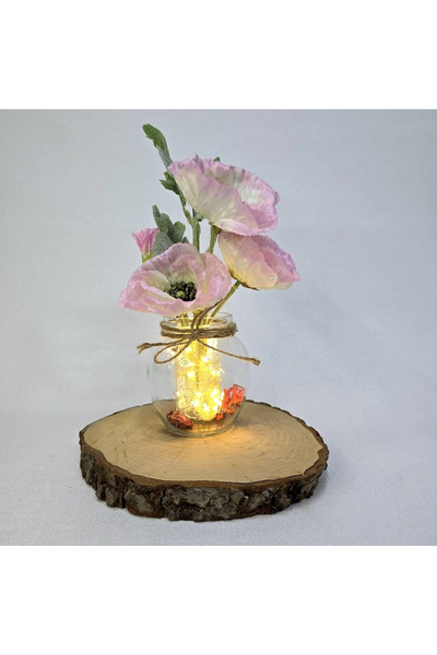 STDEKOR مزهرية زخرفية مع زهور الخشخاش الوردية وأضواء LED