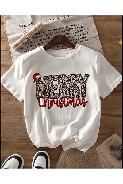 one button Unisex Yılbaşı Özel Temalı Merry Christmas Baskılı Basic Bisiklet Yaka Regular T-shirt %100 Pamuk