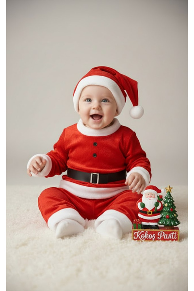 Kokoş Parti Yılbaşı Noel Baba Kostüm Kıyafeti 6–9 Ay Bebek – Lüx Kadife Kumaş