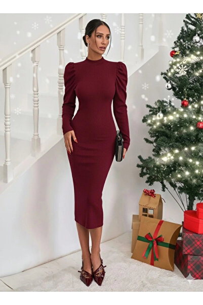 YMYWEAR Prenses kol kaşkorse elbise bordo a3691