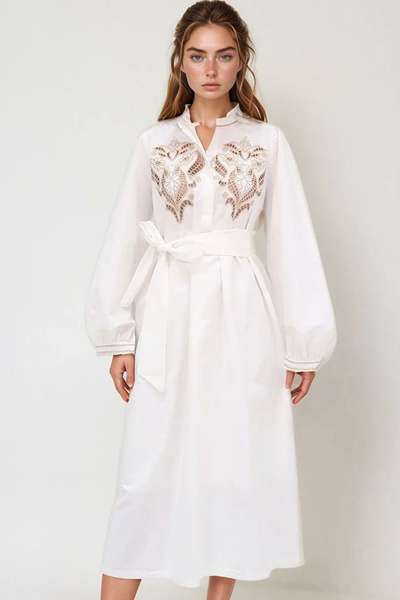 bacc Women's White Judge Collar Front Embroidered Balloon Sleeve Belted Lined Woven Dress Bchesq-251040