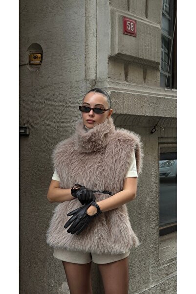 Zey Studio سترة نسائية من فرو المنك ياقة مرتفعة متوسطة الطول مزينة بتفاصيل من...