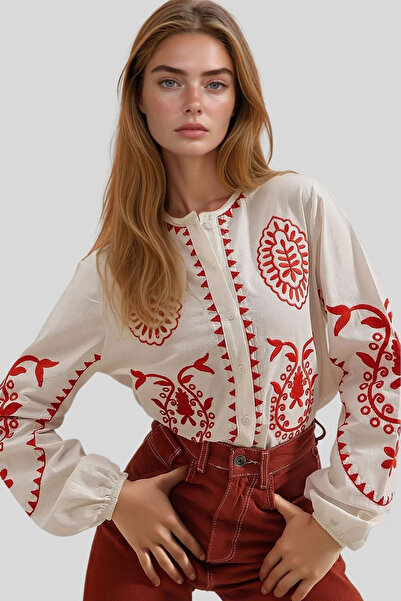 bacc Women's Ecru High Neck Embossed Embroidered Premium Linen Shirt Bchesq-251093