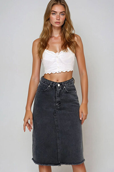 bacc Fusta de damă antracit cu talie înaltă buzunare, lungime midi, BCHNW-251181