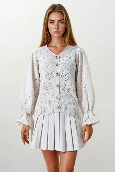 bacc Women's Beige Lace-Like Knit Knitwear Brode Sleeve Buttoned Cardigan Bch...